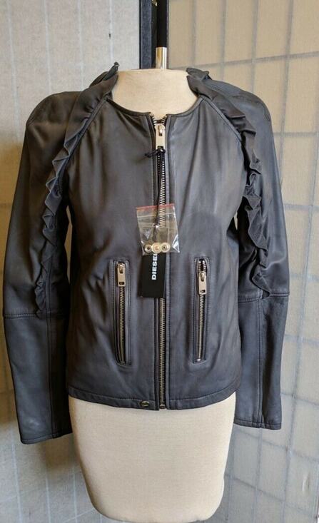Diesel Jackets & Blazers - DIESEL Women's LEATHER JACKET Charcoal Gray L’HEZE Ruffle Detail NWT